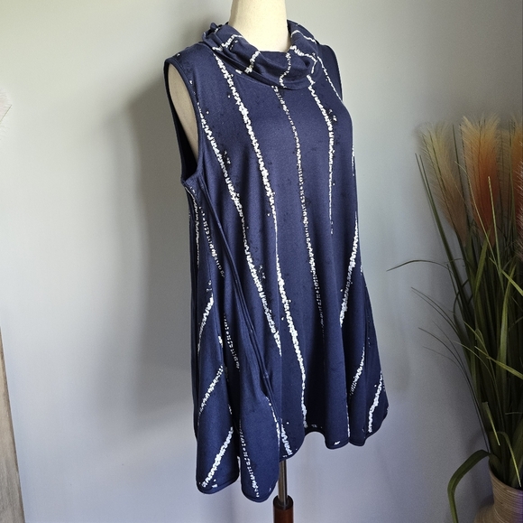 Snapdragon & Twig, Navy Blue Striped Cowl Neck Pocket Tunic Dress Size Medium - Picture 3 of 9